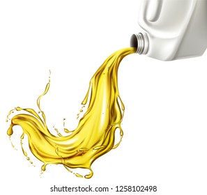 Engine synthetic or mineral oil, car lubricant spilling with splash from white blank bottle, canister realistic vector illustration isolated on white background. Automotive industry chemistry product