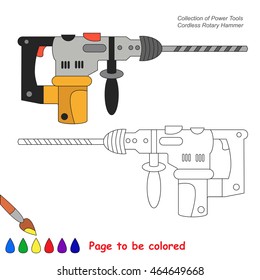 Engine Tool. Cordless RotaryHammer to be colored. Coloring book to educate kids. Learn colors. Visual educational game. Easy kid gaming and primary education. Simple game level. Coloring page.