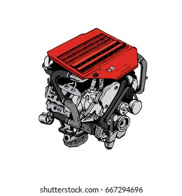 The engine V8 is painted on a white background. Comic strip style red modern internal combustion engine. Vector illustration, EPS 10