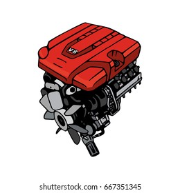 The engine V8 is painted on a white background. Comic strip style red modern internal combustion engine. Vector illustration, EPS 10