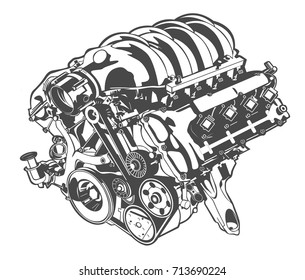 Engine vector black and white detailed illustration