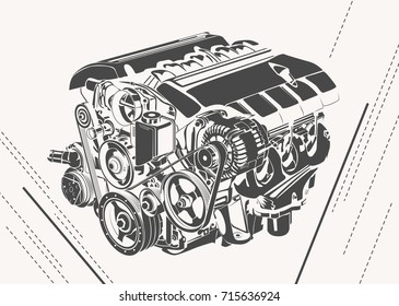 Engine vector black and white detailed illustration