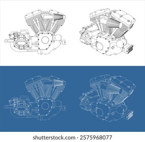 engine V-twin Motorcycles line drawing technical blueprints Illustration Side view. vector isolated on transparent background