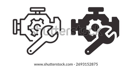 Engine and wrench outline and filled icons. Symbol of car diagnostics and repair service. Editable stroke for line versions. Isolated vector illustrations.