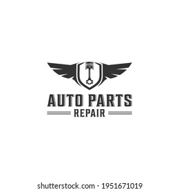 engined vehicle repair service logo, with an illustration of a piston having wings and a shield that means an engine savior angel