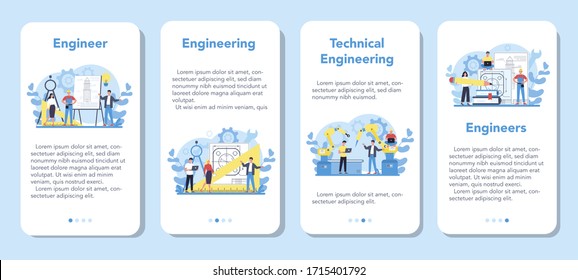 Engineeering mobile application banner set. Technology and science. Professional occupation to design and build machines and structures. Architecture work or designer. Isolated vector illustration