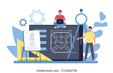 Engineeering online platform. Online project platform. Technology and science. Professional occupation to design and build machines and structures. Isolated vector illustration