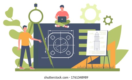 Engineeering online platform. Online project platform. Technology and science. Professional occupation to design and build machines and structures. Isolated vector illustration