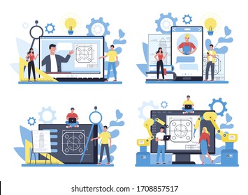 Engineeering online service or platform on differernt device concept set. Technology and science. Professional occupation to design and build machines and structures. Isolated vector illustration