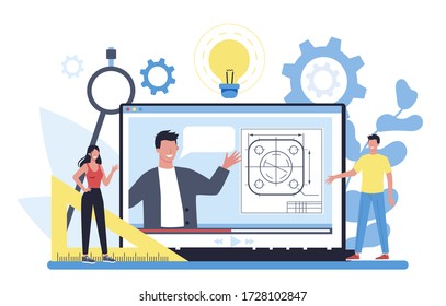 Engineeering online service or platform. Online video tutorial. Technology and science. Professional occupation to design and build machines and structures. Isolated vector illustration