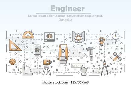 Engineer advertising poster banner template. Measuring tools and devices vector thin line art flat style design elements, icons for website banner and printed materials.