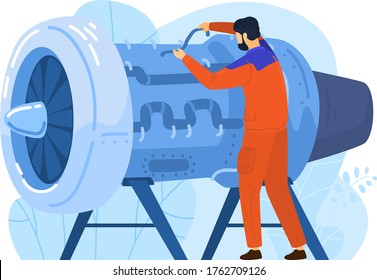 Engineer aircraft engine builder, male character engineering work modern airplane technology isolated on white, flat vector illustration. Specialist work repair motor passenger plane.