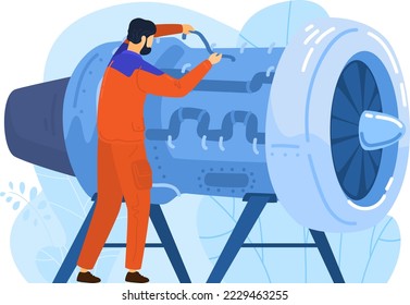 Engineer aircraft engine builder, male character engineering work modern airplane technology isolated on white, flat vector illustration.