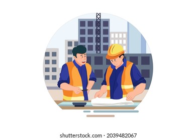 Engineer analysis blueprint of the construction site Illustration concept. Flat illustration isolated on white background.