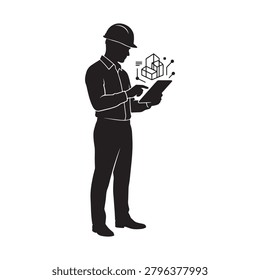 Engineer analyzing 3d building model on tablet in silhouette style