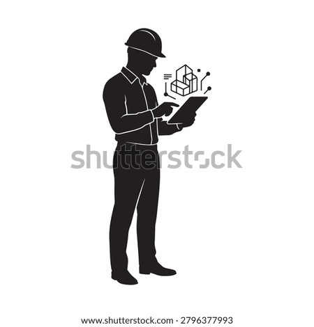 Engineer analyzing 3d building model on tablet in silhouette style