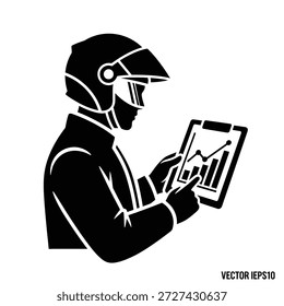 Ingeniero analizando datos en tableta con casco de seguridad