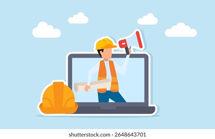 Engineer appearing from laptop screen near project helmet holding paperwork and megaphone illustration of online meeting for giving instructions about construction project