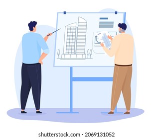 An engineer and an architect are considering a plan to build a multi-storey building. Design of housing and office space. Vector illustration on a white background