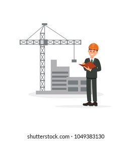 Engineer, architect or foreman on background of building construction vector Illustration on a white background