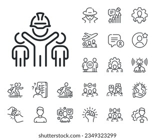 Engineer or architect group sign. Specialist, doctor and job competition outline icons. Engineering team line icon. Construction helmet symbol. Engineering team line sign. Vector