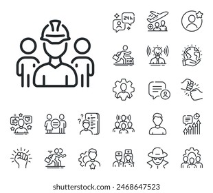 Señal de ingeniero o grupo de arquitectos. Iconos de esquema de especialista, médico y competencia laboral. Icono de línea de equipo de ingeniería. Símbolo de casco de construcción. Signo de línea de equipo de ingeniería. Vector