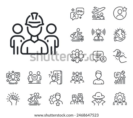 Engineer or architect group sign. Specialist, doctor and job competition outline icons. Engineering team line icon. Construction helmet symbol. Engineering team line sign. Vector