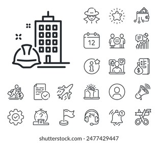 Engineer or architect helmet sign. Salaryman, gender equality and alert bell outline icons. Construction building line icon. Industrial engineering symbol. Construction building line sign. Vector