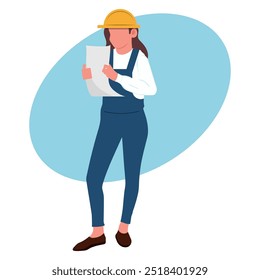 engineer or architect holding a paper with industrial project, woman in uniform, vector illustration.