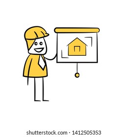 engineer or architect and presentation home design icon stick figure yellow theme
