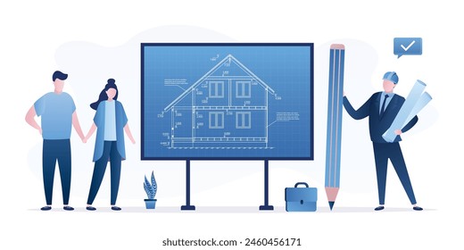 Engineer architect presenting blueprint house plan drawing for clients. Love couple analyzes sketch of construction, industrial skeleton of structure and dimensions. Two-story house, floors plan.