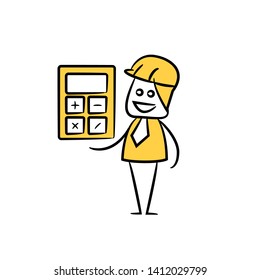 engineer, architect showing calculator icon stick figure yellow theme