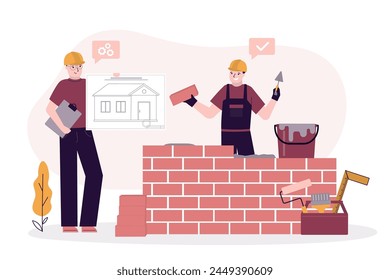 Engineer or architect shows blueprint of house for construction worker in uniform and helmet doing work. Builder puts brick wall. Mason holds brick and build wall. flat vector illustration