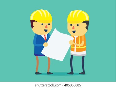 Engineer and architect wearing helmet and looking blueprint for working together in difference roles in team. This illustration about teamwork in difference roles.