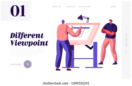 Engineer Architect Work on Draft Project on Drawing Board Landing Page. Man Creator of Architecture Drafting. Office Employee Projecting Plan Website or Web Page. Flat Cartoon Vector Illustration