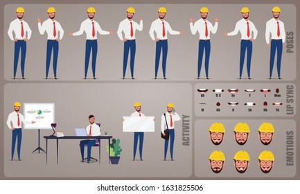 Engineer or Architect worker character Set. Collection of character body Poses, facial gestures, Engineer 
activities and Lip syncs poses. Ready-to-use and animate, character set. Vector illustration.