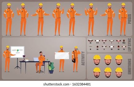 Engineer or Architect worker character Set. Collection of character body Poses, facial gestures, Engineer 
activities and Lip syncs poses. Ready-to-use and animate, character set. Vector illustration.