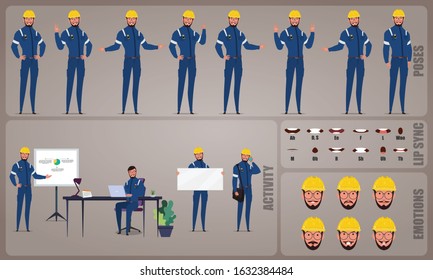 Engineer or Architect worker character Set. Collection of character body Poses, facial gestures, Engineer 
activities and Lip syncs poses. Ready-to-use and animate, character set. Vector illustration.