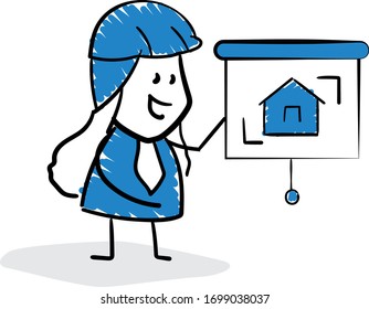 Engineer or architect worker presentation home design. 
Girl hand drawn doodle line art cartoon design character - isolated vector illustration outline of woman.