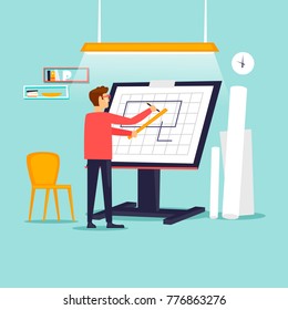 Engineer architect working at drawing board. Flat design vector illustration.