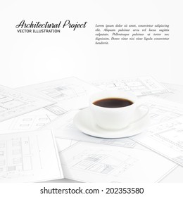 Engineer area with design drawings and a cup of coffee. Vector illustration.