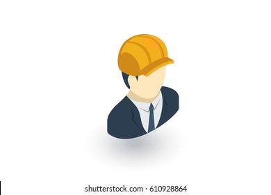 Engineer avatar, architect in helmet isometric flat icon. 3d vector colorful illustration. Pictogram isolated on white background