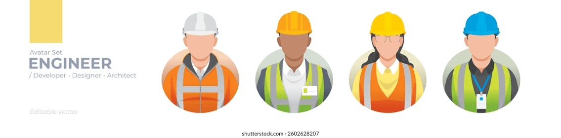 Engineer Avatar Set: Editable Vector Graphics of Diverse Engineers, Designers, and Builders in Safety Gear for Professional Projects in Architecture, Construction, Technology, and Industrial Design