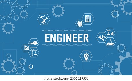 Engineer banner with text. Construction and architecture. Team of workers, crane and gears, construction tools. Blueprint with pencil and ruler. Poster for website. Flat vector illustration