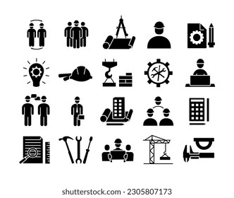 Conjunto de iconos negros de ingeniero. Dibujo con brújulas y trabajadores al lado del edificio. Construcción y arquitectura urbana. Siluetas de hombres con sombreros. Colección vectorial plana aislada en fondo blanco