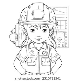 Engineer, Black and white coloring pages for kids, simple lines, cartoon style, happy, cute, funny, The drawings in the children's coloring book 