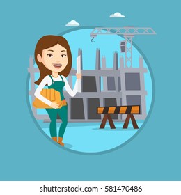 Engineer with blueprint at construction site. Engineer holding hard hat and twisted blueprint. Engineer checking construction works Vector flat design illustration in the circle isolated on background
