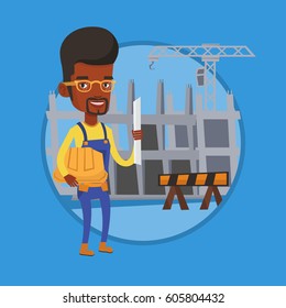 Engineer with blueprint at construction site. Engineer holding twisted blueprint and hard hat. Man checking construction works. Vector flat design illustration in the circle isolated on background.