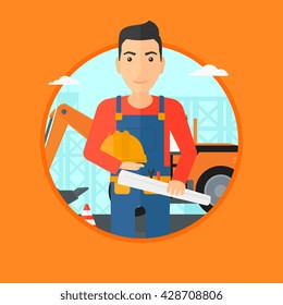 An engineer with a blueprint at construction site. Man holding a twisted blueprint and hard hat. Man checking construction works. Vector flat design illustration in the circle isolated on background. An engineer with a blueprint at construction site. Man holding a twisted blueprint and hard hat. Man checking construction works. Vector flat design illustration in the circle isolated on background.