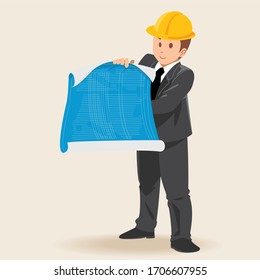 Engineer with blueprints wearing safety helmet.